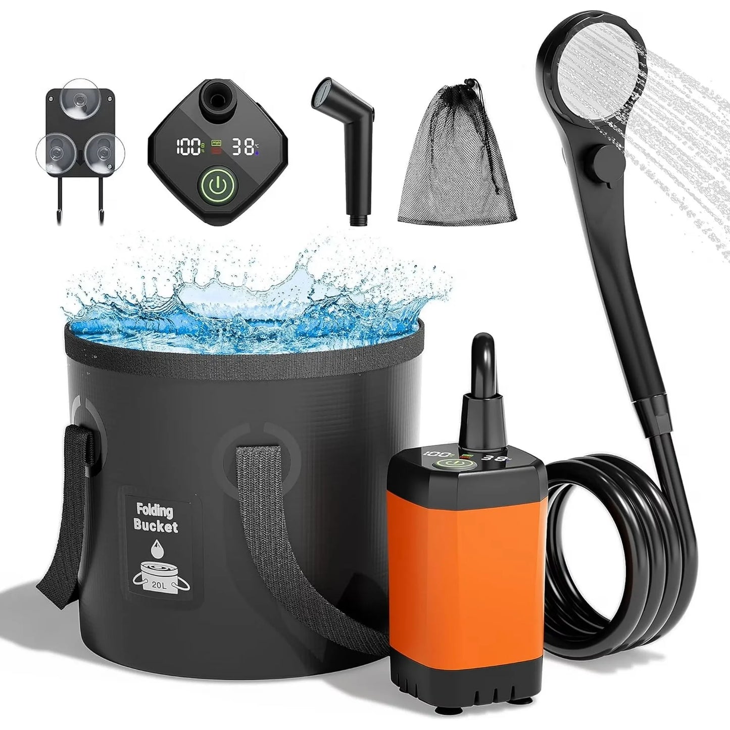 Upgrade 6000mAh Rechargeable Portable Camping Shower, 5 Gallon Collapsible Bucket, LED Display, Multiple Spray Modes, Hiking